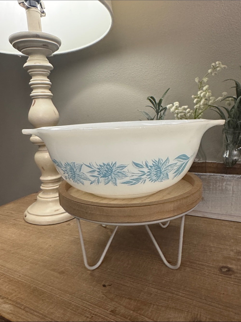 Vintage Glasbake milk glass “Blue Thistle”Cinderella-style mixing bowl